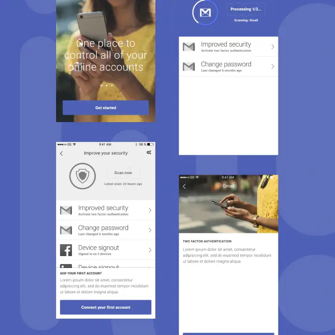 Collage of Independo app screens showing onboarding, account scanning, security recommendations, and account management features for improving online account safety.