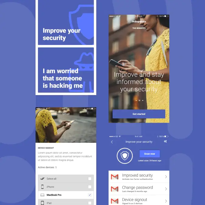 Independo mobile app visuals showing security-focused onboarding, device sign-out controls, scan results, and guidance for protecting online accounts.