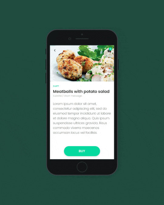 Animated FoodSale app screen showing a meal listing with product image, description, and purchase button for discounted food offers.
