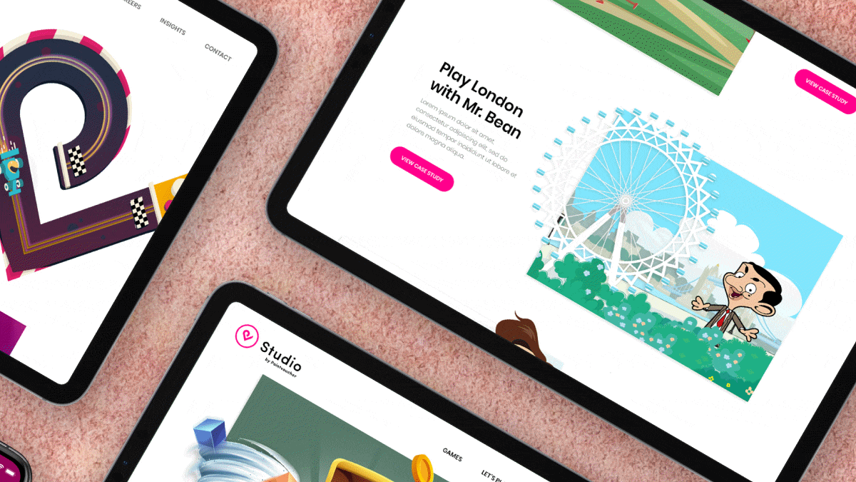Animated collage of Pointvoucher Studio website screens shown across tablet devices, featuring playful game concepts, case study highlights, and colourful interactive design work.