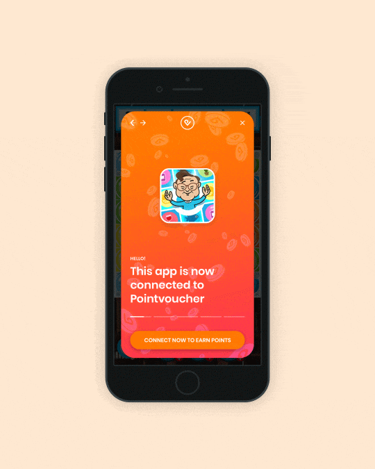 Animated Pointvoucher in-app loyalty screen showing a branded connection flow with a call to connect and earn points inside a mobile experience.