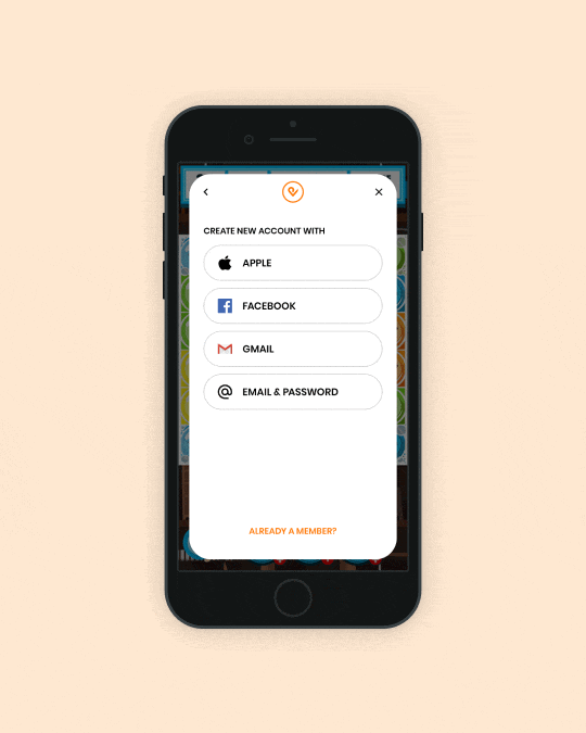 Animated Pointvoucher SDK sign-up screen showing account creation options with Apple, Facebook, Gmail, and email inside a mobile app interface.