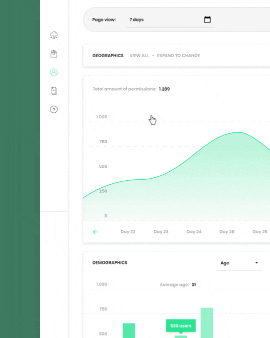 Animated Pointvoucher Marketplace dashboard detail showing analytics filters, metric selection options, and user activity heatmap data within the platform interface.