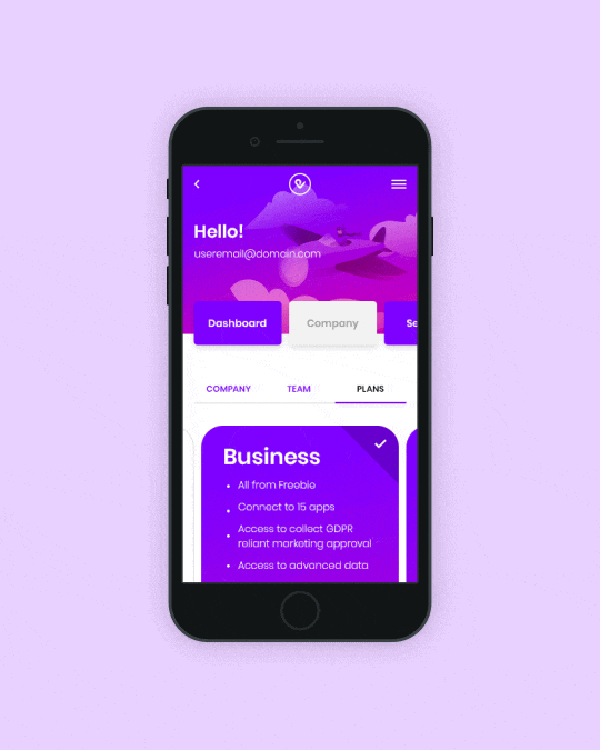 Animated mobile landing screen for Pointvoucher Connect, showing bold product messaging about rewarding users with real products in a vibrant branded interface.