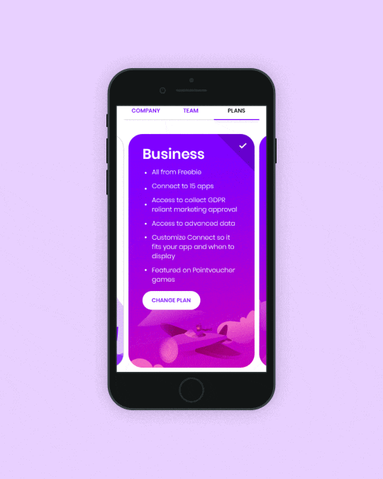 Animated Pointvoucher Connect pricing screen showing the Business plan with feature highlights, app connection options, and plan management tools in a mobile interface.