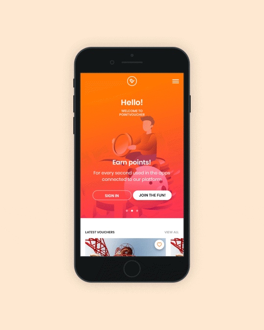 Animated Pointvoucher mobile home screen showing a branded loyalty experience where users can earn points, sign in, join, and browse available vouchers.