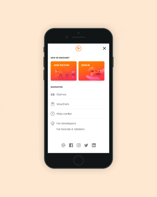 Animated Pointvoucher mobile menu showing navigation to games, vouchers, help center, developer resources, and brand-related pages in a clean app interface.