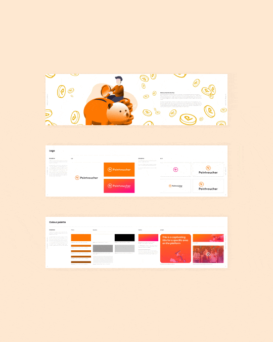 Animated Pointvoucher brand guidelines overview showing mascot illustrations, logo variations, colour palettes, and visual identity assets across presentation pages.