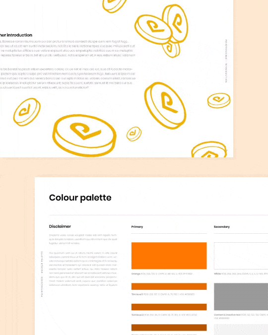 Animated Pointvoucher brand guidelines detail showing coin illustrations and the colour palette used across the visual identity system.