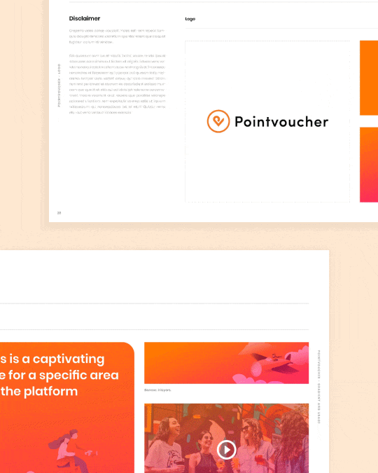 Animated Pointvoucher brand guidelines detail showing logo usage, gradient colour applications, and branded visual examples from the identity system.