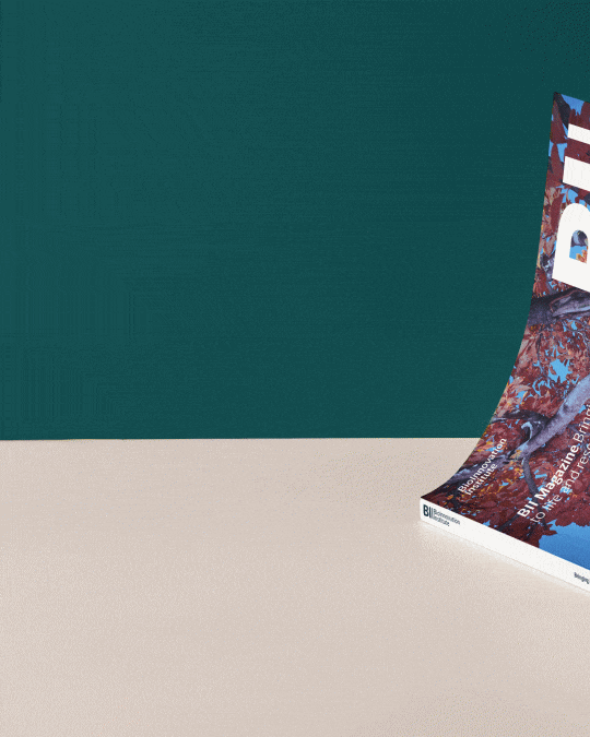 Animated magazine mockup for BioInnovation Institute, showing a printed-style editorial cover with bold typography and a biotechnology-focused publication design.
