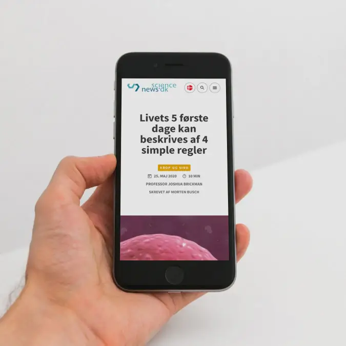 Smartphone mockup showing a ScienceNews.dk article page, featuring a science story headline, publication details, and a clean mobile reading experience.