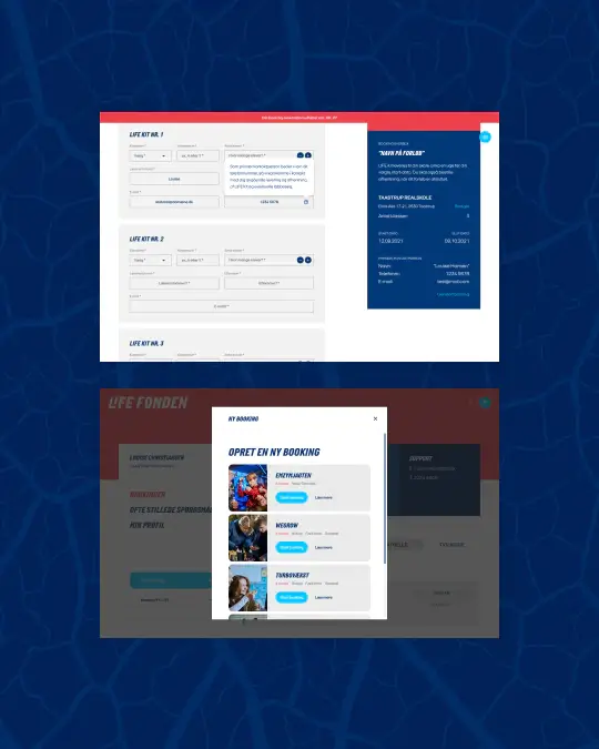 LIFE Fonden website visuals showing the homepage and profile area, with educational booking access, account management, and a bold digital interface for science learning activities.