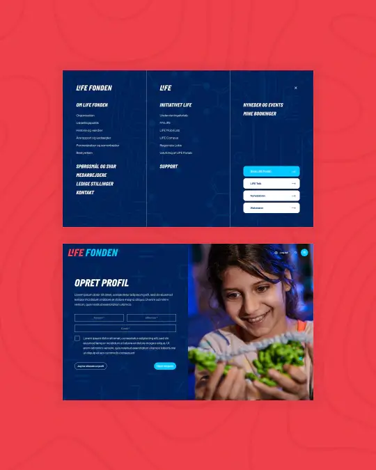 LIFE Fonden platform visuals showing navigation, booking filters, and profile creation screens within a digital system for educational programmes and events.