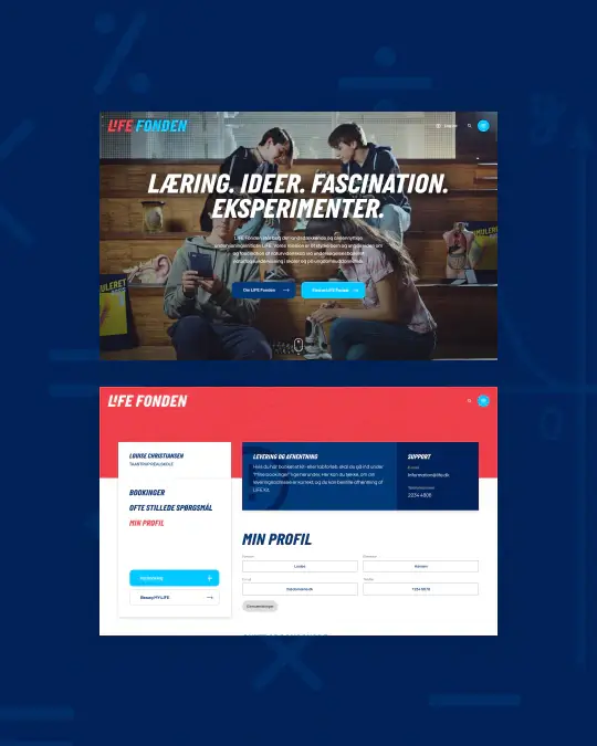 LIFE Fonden booking platform visuals showing reservation forms, booking creation flows, and programme selection interfaces for managing educational visits and activities.
