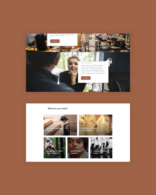 Breathing Business website visuals showing service highlights, need-based navigation, and a structured consulting-focused homepage for organisational and personal transformation.