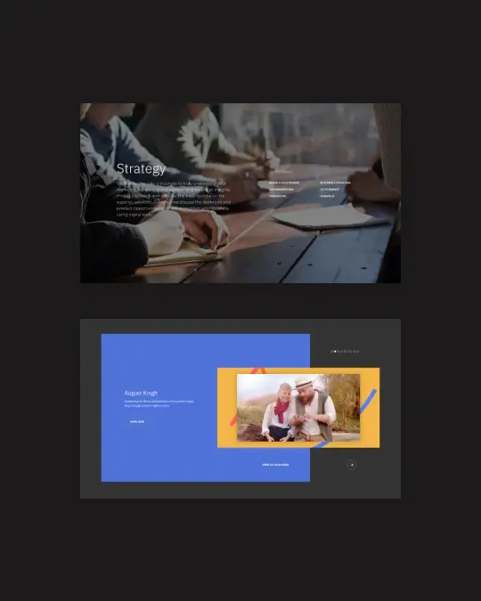 Strategy consulting website design with team collaboration photo and blue team member profile section