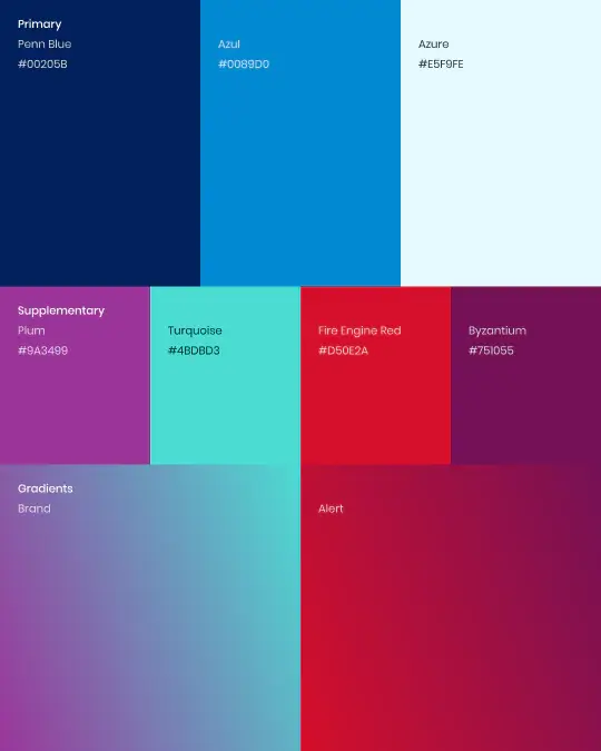 Nixu Cybersecurity brand colour palette showing primary, supplementary and gradient swatches including Penn Blue, Azul and Fire Engine Red