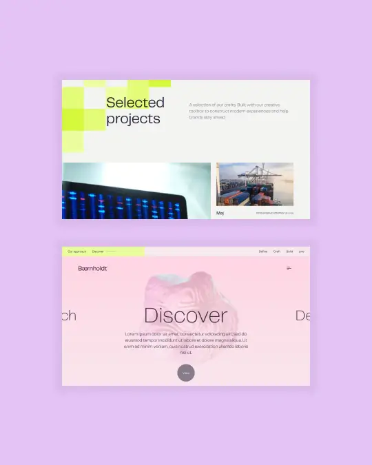 Bærnholdt rebranded website showing selected projects portfolio page and discover section with soft pink and lime green design