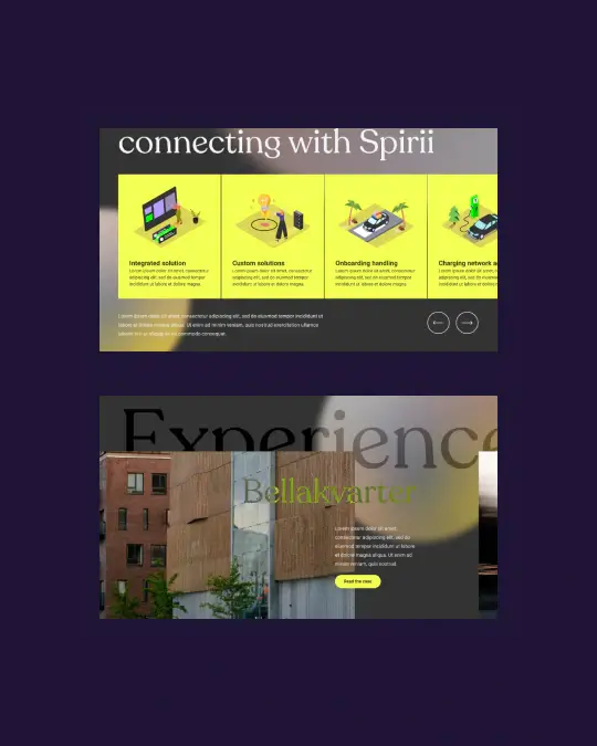 Spirii EV charging solutions overview with illustrated onboarding steps and Bellakvarter customer experience case study