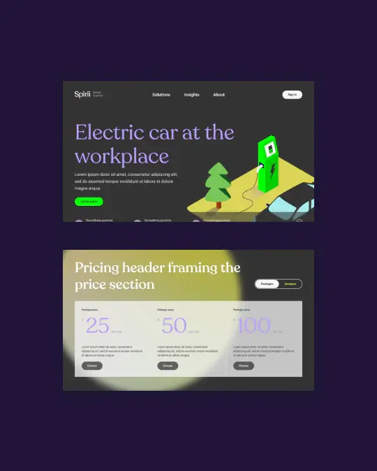 Spirii electric car workplace charging product page with illustrated charger and three-tier pricing comparison section