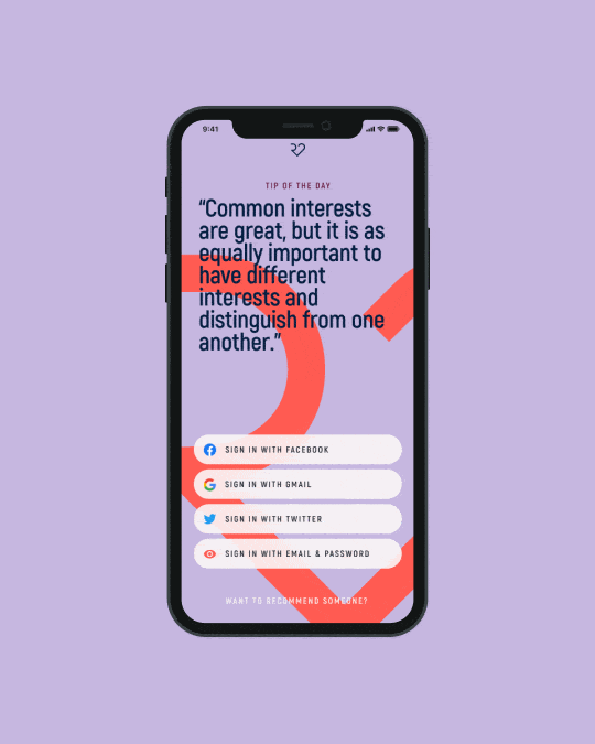 Recommendating dating app login screen with relationship tip of the day on light purple background