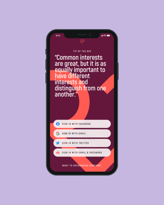 Recommendating dating app login screen with relationship tip of the day on dark burgundy background