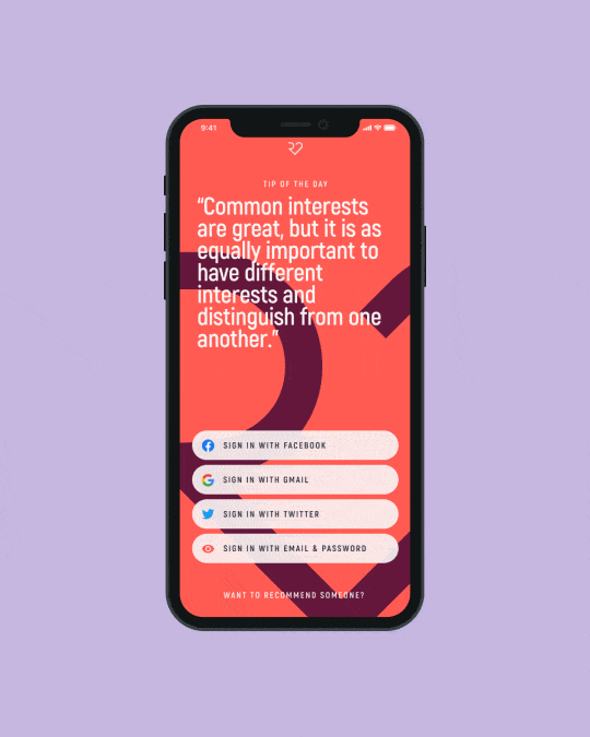 Recommendating dating app login screen with relationship tip of the day on coral red background