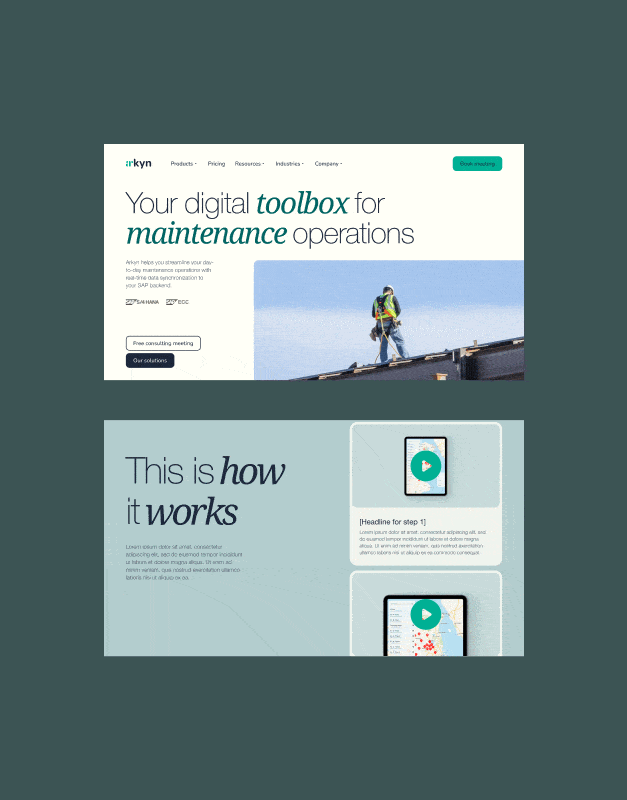Arkyn website layouts presenting a digital toolbox for maintenance operations, combining product storytelling, clear structure, and a professional SaaS-focused interface design.
