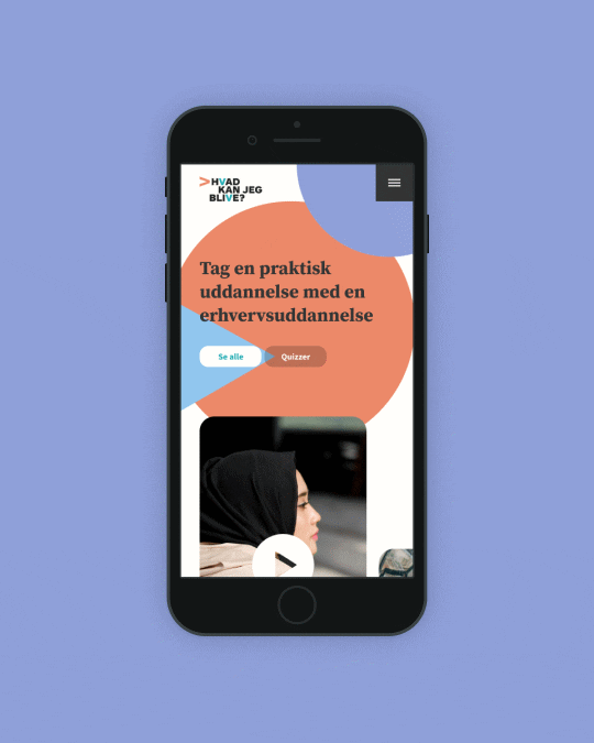 Hvad Kan Jeg Blive til mobile website homepage promoting vocational education with video and quiz call-to-action