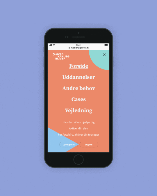 Hvad Kan Jeg Blive til mobile navigation menu showing education guidance sections including cases and counselling