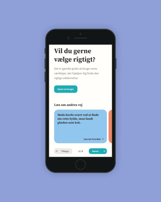 Hvad Kan Jeg Blive til mobile education guidance tool with user story card and sign-up prompt for finding the right education