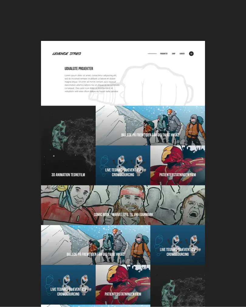 LevendeStreg creative studio website showcasing selected projects including 3D animation, comic book and film illustration work