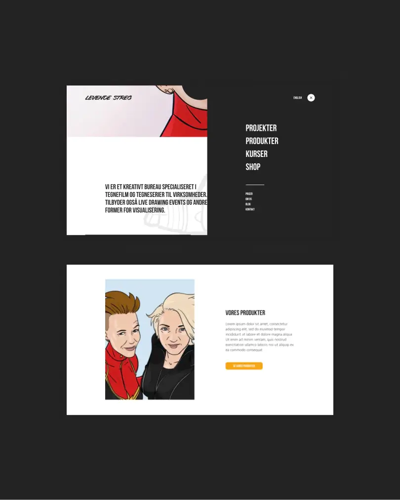 LevendeStreg homepage with comic-style navigation menu and illustrated team portrait on products overview page