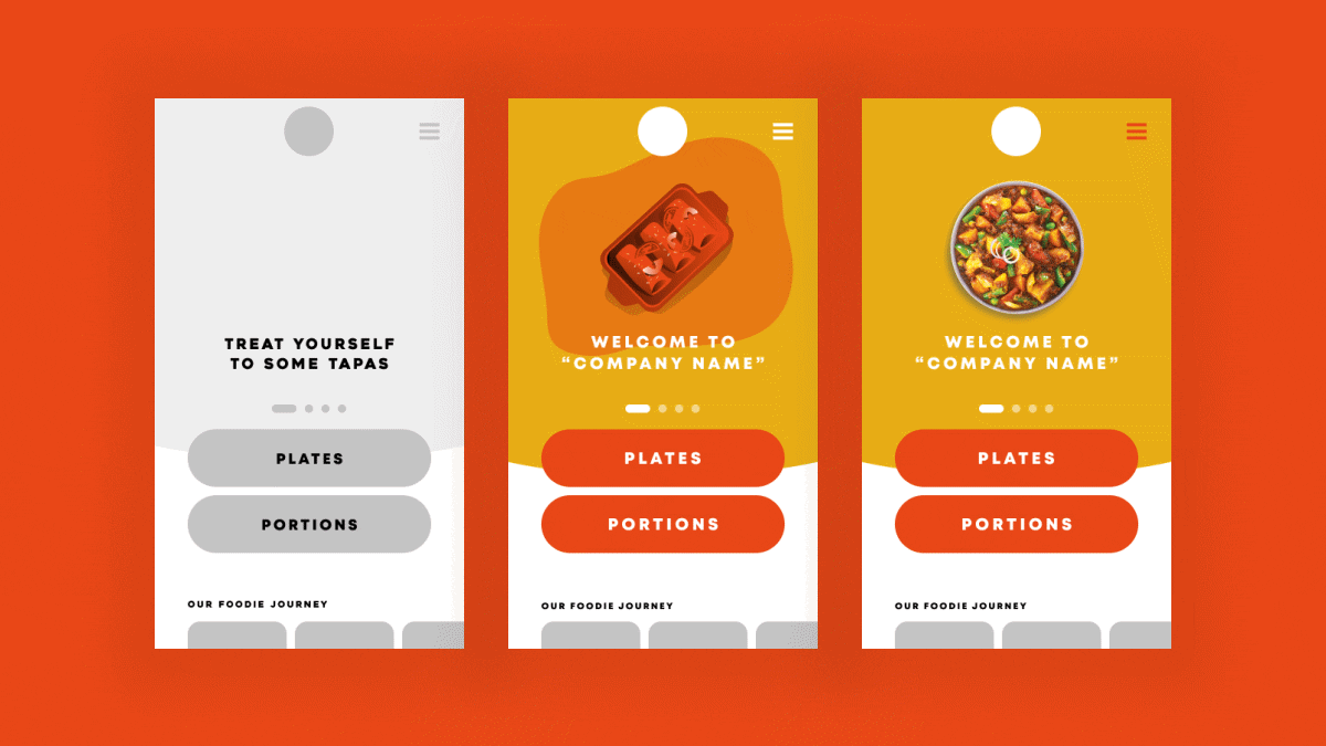 Tapas restaurant mobile app design progression from wireframe to branded UI with food photography and menu navigation
