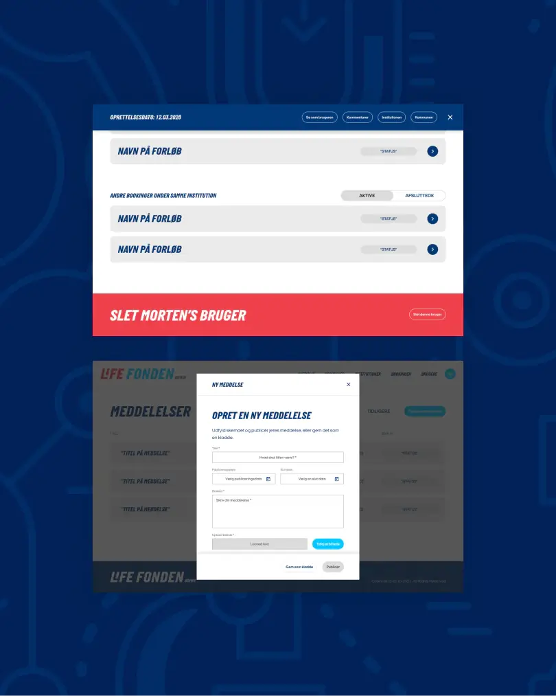 Life Fonden booking management UI with user deletion screen and new message creation modal