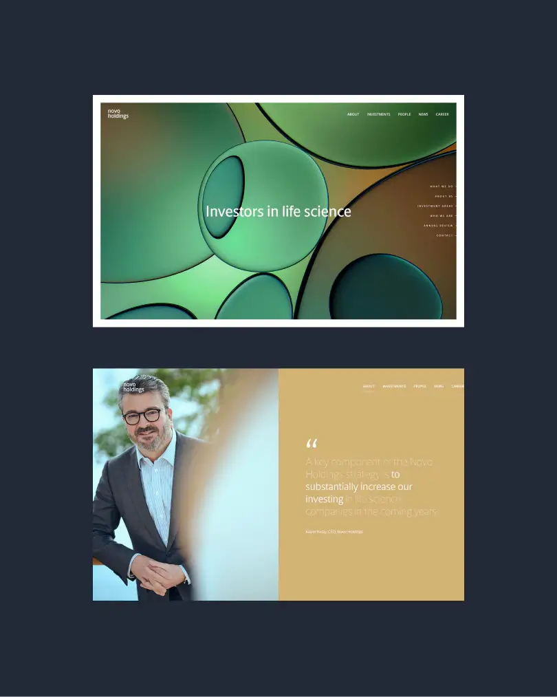 Novo Holdings investment portfolio overlay UI and annual review statistics page showing key fund metrics on green background