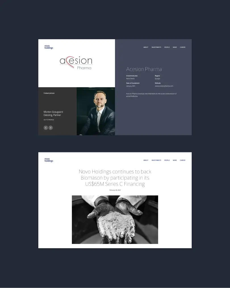 Novo Holdings life science investor homepage with abstract green visual and Biomason Series C financing news article