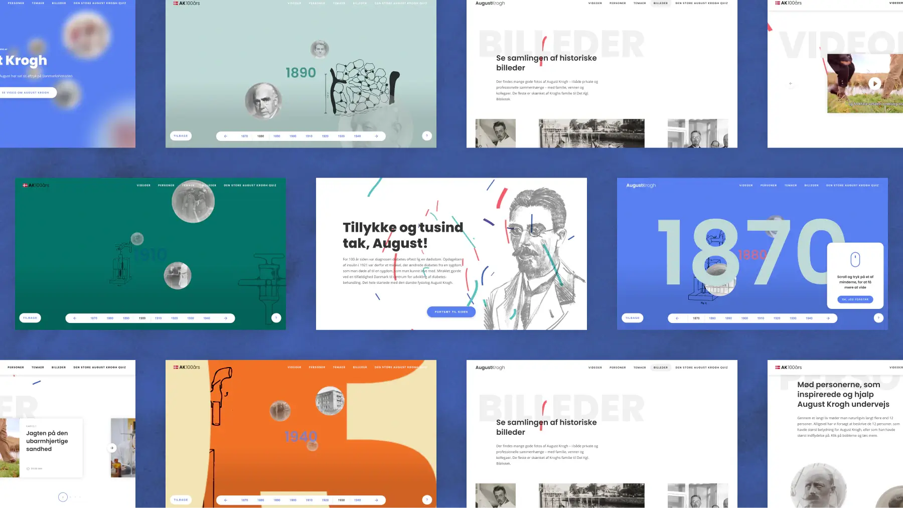 Collage of August Krogh website screens showing interactive timeline views, historical image collections, video content, and educational storytelling created to mark the scientist’s legacy.