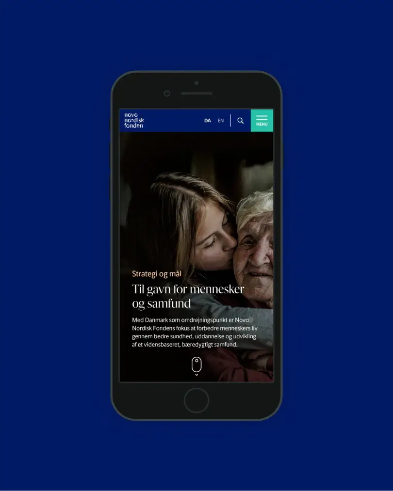 Mobile homepage for Novo Nordisk Foundation, showing a full-screen hero, primary calls to action, and a clear foundation-focused website experience.