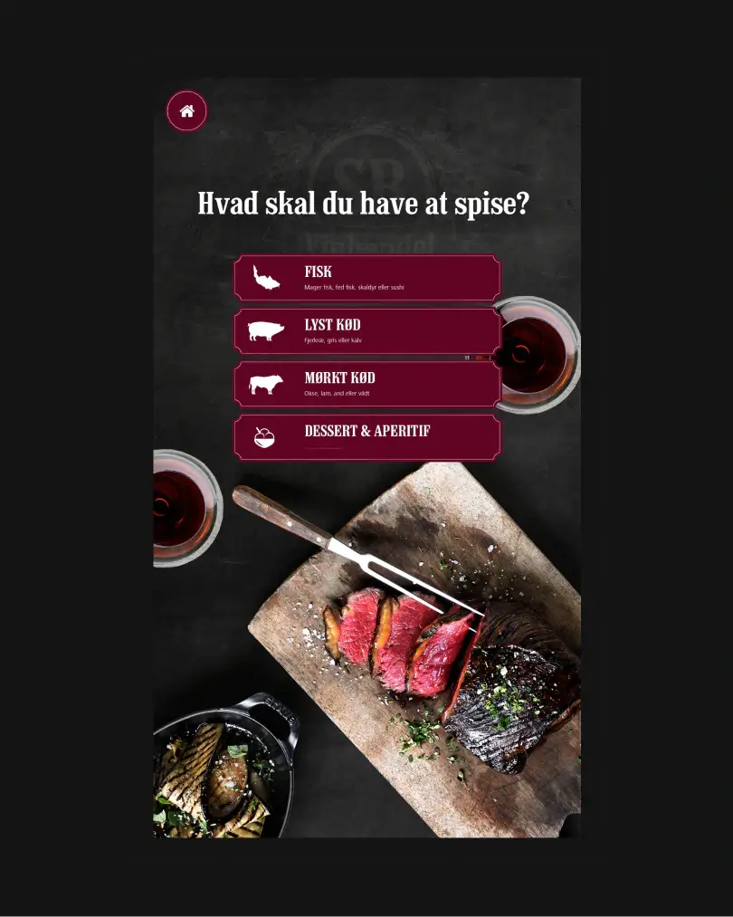 In-store wine guidance screen for SuperBrugsen, showing a featured wine selection and the entry point to a digital advisory experience for choosing wine in the supermarket.