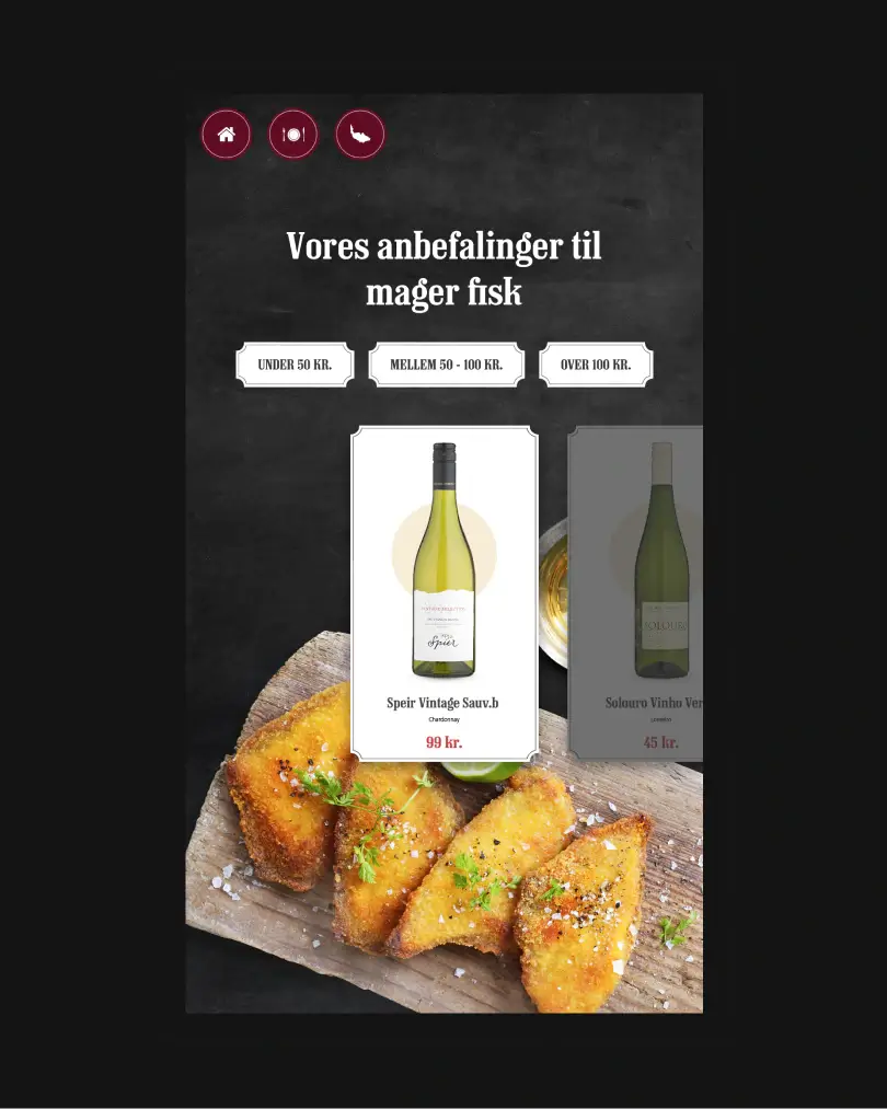 SuperBrugsen in-store wine advisory screens showing filtering by food type and tailored wine recommendations to help shoppers choose the right bottle.