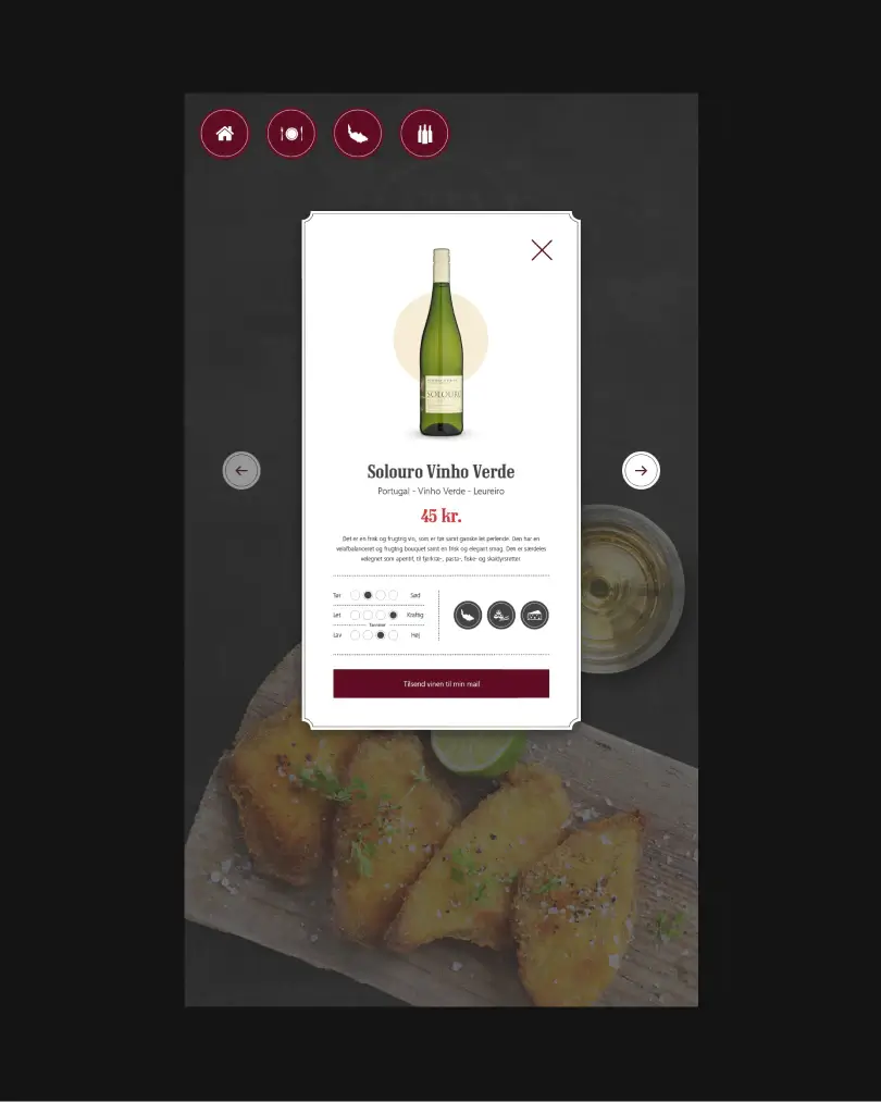 SuperBrugsen digital wine advisory interface showing a detailed bottle recommendation with product information, taste profile, and guided selection options for shoppers.