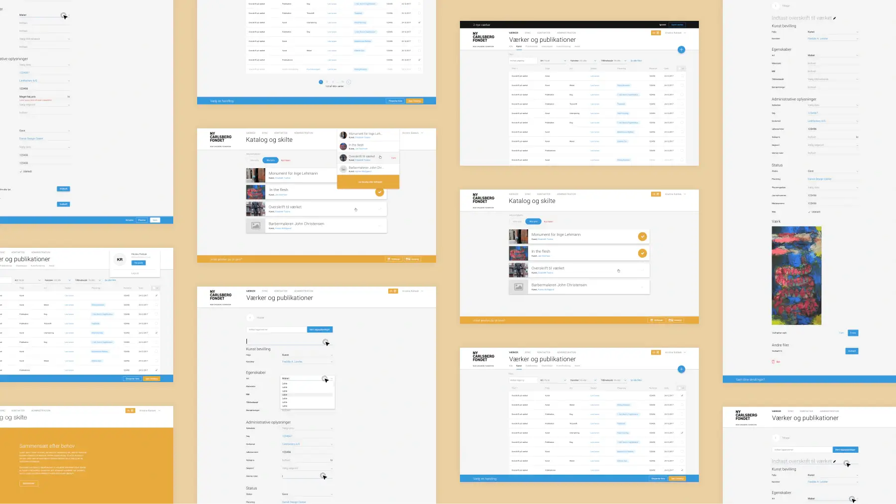 Collage of New Carlsberg Foundation artwork database screens, showing catalog overviews, artwork records, publication listings, and collection management interfaces in a structured internal platform.