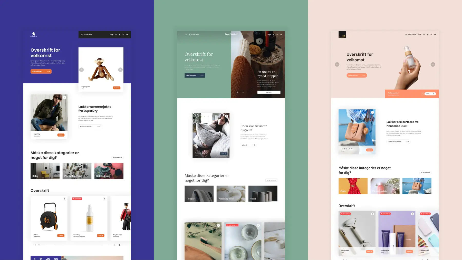 MS Branding e-commerce design concepts, showing multiple homepage directions with editorial product layouts, category highlights, and visual variations across the digital storefront.