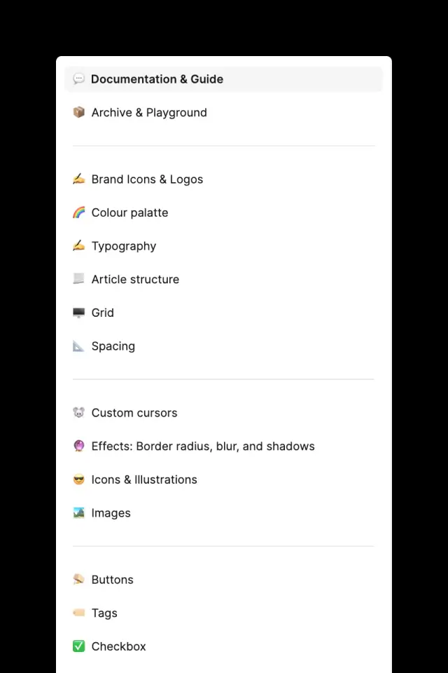 Overview of The Project Launchpad design system structure, including documentation, brand assets, colour palette, typography, grid, spacing, effects, buttons, and other UI components.
