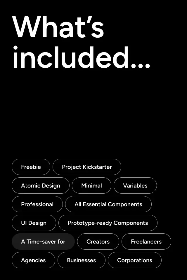 What’s included in The Project Launchpad design system, highlighting Atomic Design, variables, essential components, UI design, and prototype-ready elements for creators and teams.