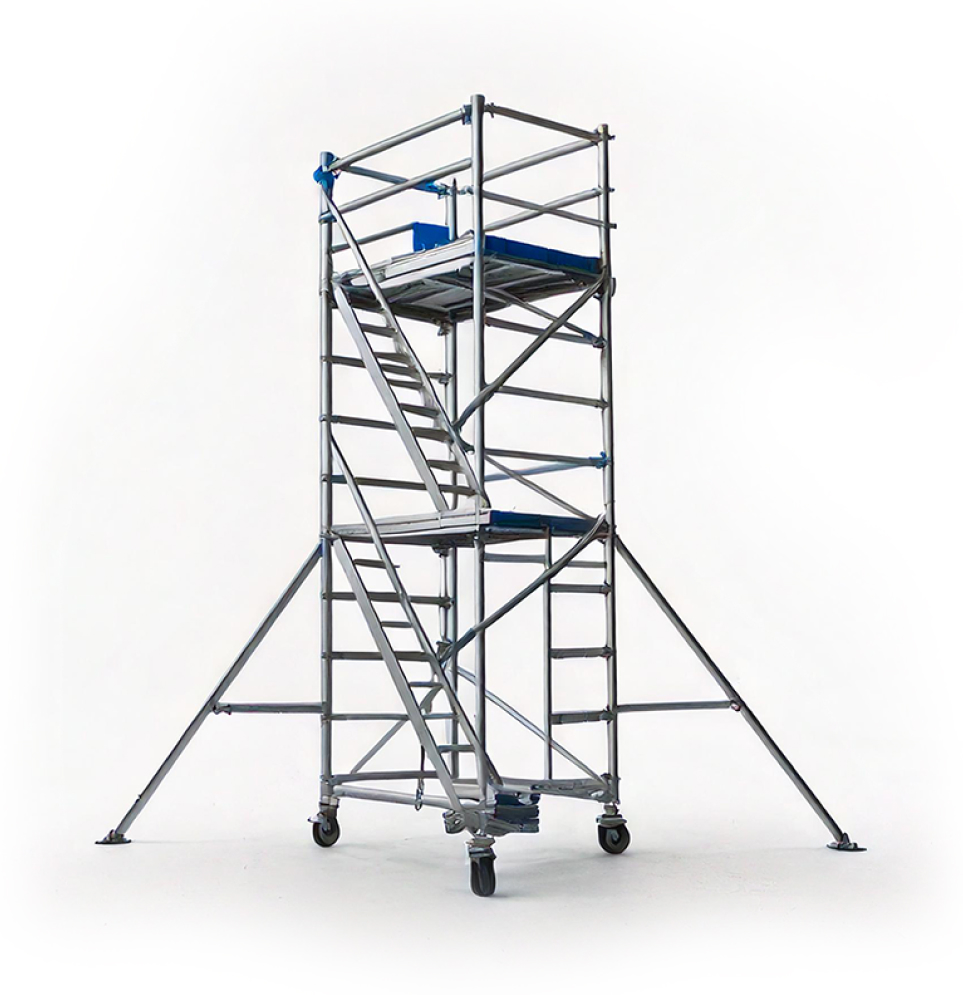 Metal stairway scaffolding tower with wheels and stabilizing braces on a white background.
