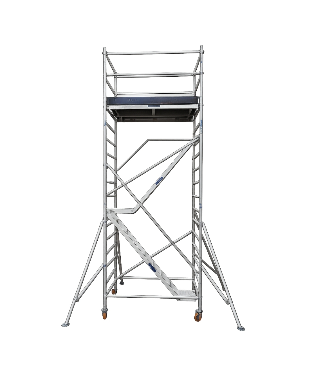 Aluminium stairway scaffolding tower with an internal staircase and guardrails for safe worker access