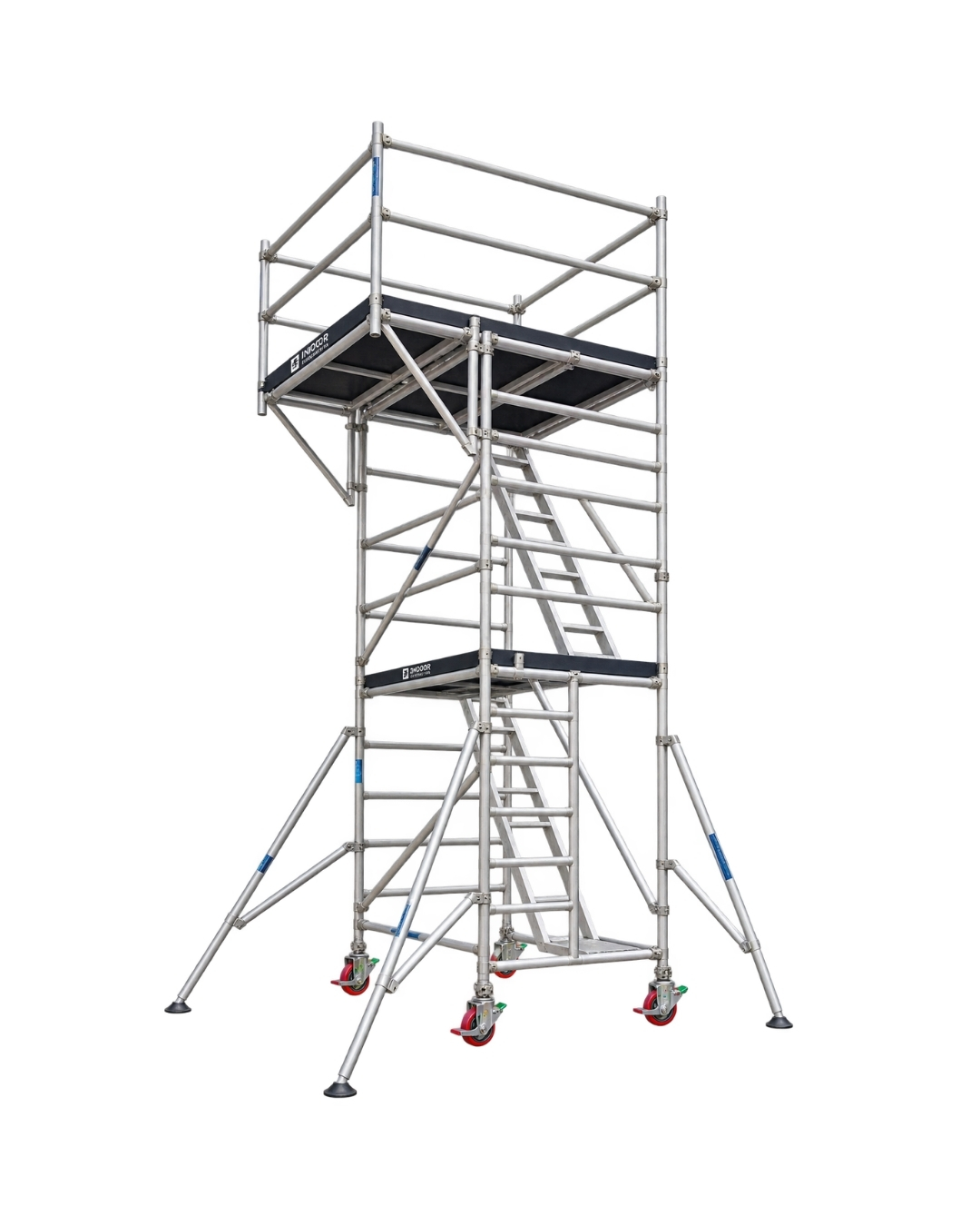 Cantilever aluminium scaffolding tower with an extended platform for reaching over obstacles